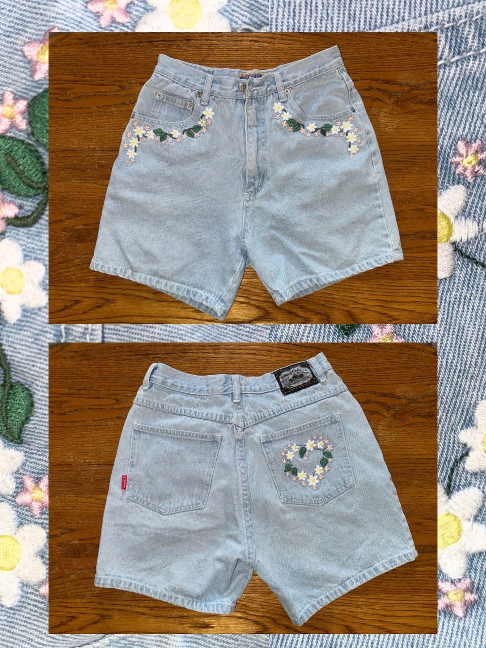 Vintage Light Blue Denim Shorts with Floral Embroidered Pockets D’Mode Classix